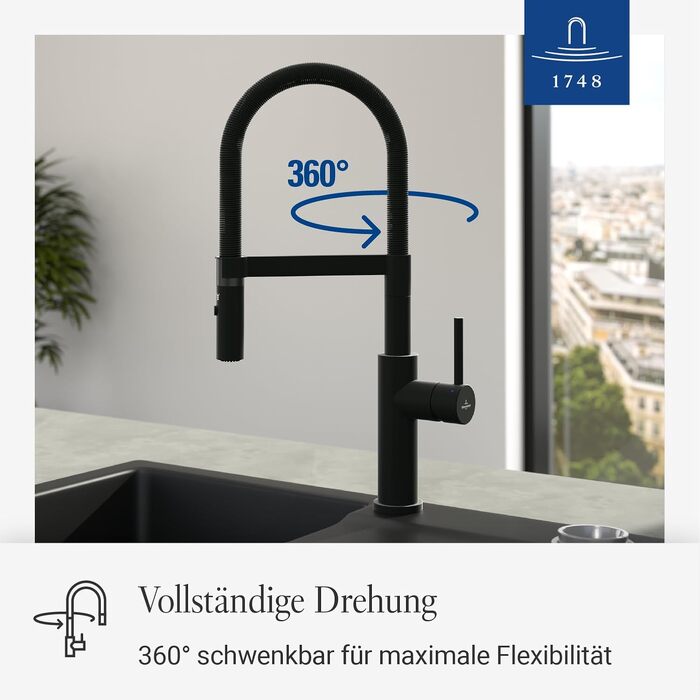 Змішувач кухонний Villeroy & Boch Steel Expert Compact, чорний матовий, з висувним гусаком та перемикачем, висота 170мм