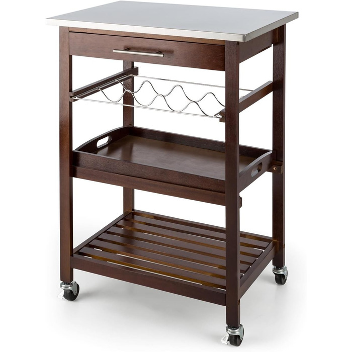 Кухонний візок Klarstein Vermont, 4-рівневий, з нержавіючою стільницею, дерев'яний, з висувною шухлядою і тримачем для пляшок, темне дерево, 40x60x86 см