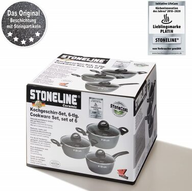 STONELINE Керамічний набір каструль для індукції, 6 предметів, з антипригарним покриттям та кам'яними частинками, скляні кришки, антрацит