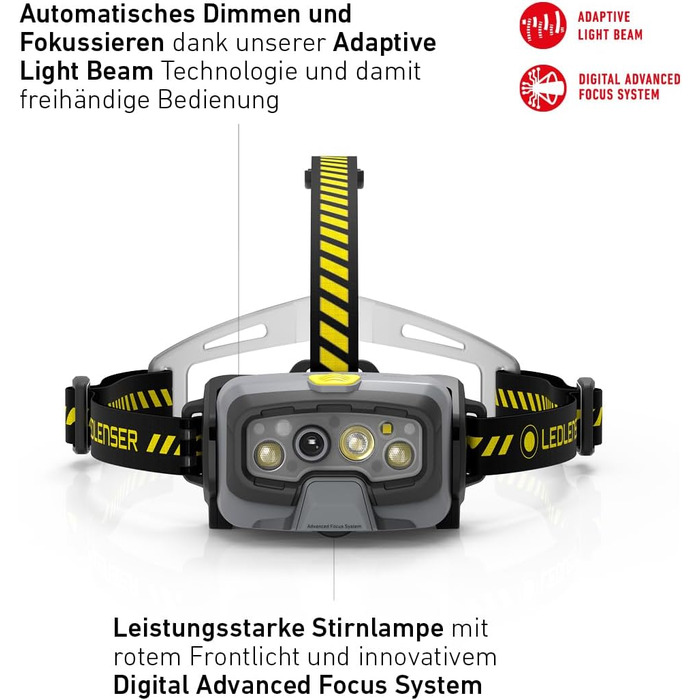 Налобний ліхтар Ledlenser HF8R Work, 1600 люмен, LED, акумуляторний, водонепроникний IP68, з червоним світлом, чорний/жовтий, для роботи та активного відпочинку
