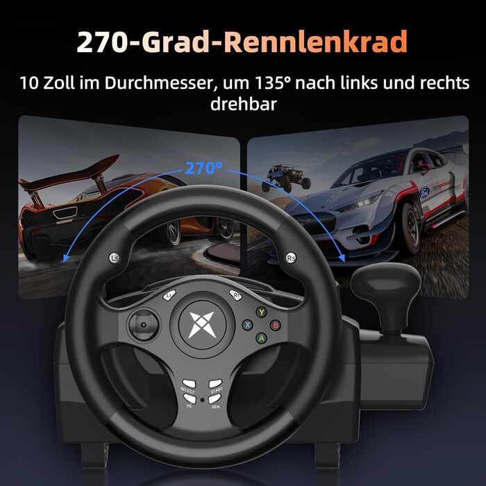 Ігровий кермо NBCP R270 з педалями, 270°, вібрація, для PC/PS3/PS4/Xbox One/Series X/S/Nintendo Switch – для гоночних ігор