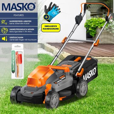 Акумуляторний газонокосарка MASKO з функцією мульчування, 2 акумулятори Li-Ion 4Ah, подвійний зарядний пристрій, триммер, ширина косіння 37 см, 6 положень висоти, кошик 40 л, площа до 600 м², в комплекті рукавички та щітка (ширина косіння 33 см, чорний/по