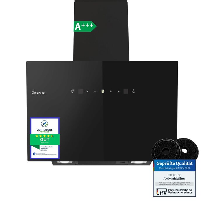 Витяжка кухонна KKT KOLBE TRIO8025S 80 см, чорна, скло, керування жестами та SensorTouch, LED-підсвітка, режим рециркуляції та відведення, продуктивність 782 м³/год
