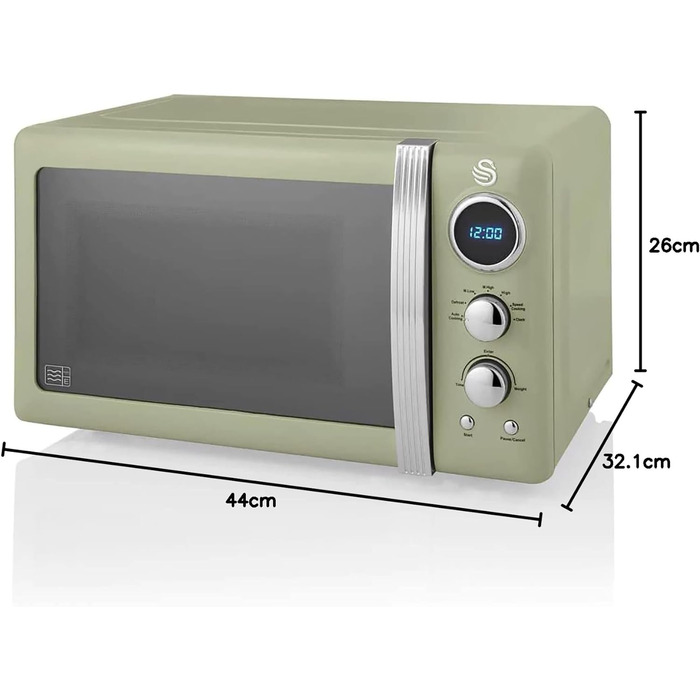 Мікрохвильова піч Swan Retro SM22030GNEU, 20 л, 800 Вт, 5 режимів, розморожування, таймер 60 хв, зелена, вінтажний дизайн, дзеркальні дверцята, 27 см тарілка