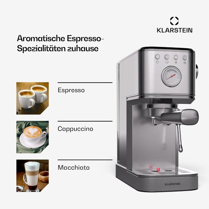 Еспресо-машина Klarstein SteelPresso Slim, 20 Бар, 1350 Вт, нержавіюча сталь, 1,2 л, з паровою насадкою, компактна, проста у використанні