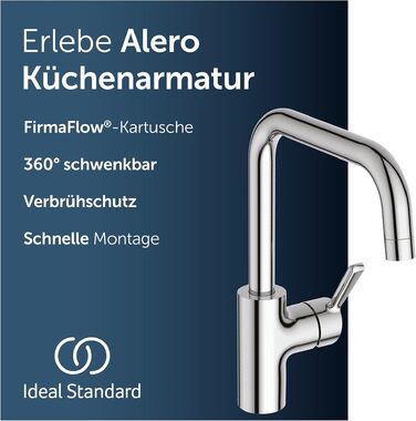 Змішувач кухонний Ideal Standard Alero з висувним душем, поворотний вилив 360°, економія води 12 л/хв, хром (U-подібний вилив)