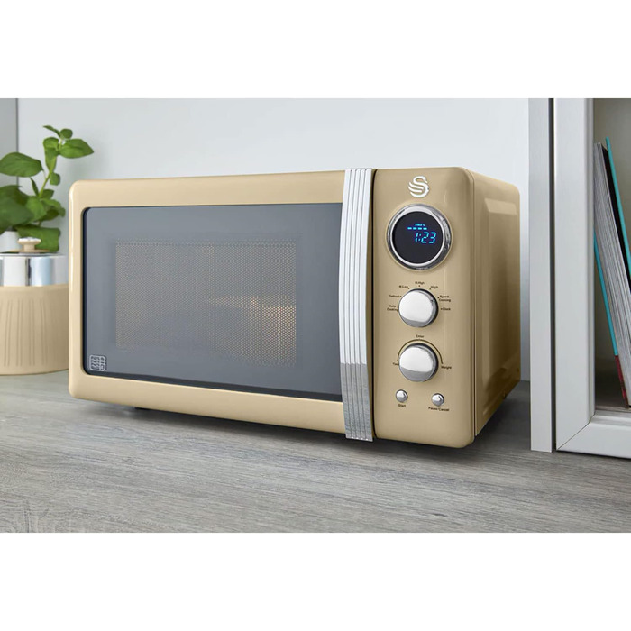 Мікрохвильова піч Swan Retro SM22030CNEU 20 л, 800 Вт, 5 режимів, розморожування, таймер 60 хв, вінтажний дизайн, кремова, дзеркальні дверцята