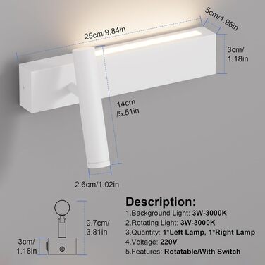 Світильник Klighten LED настінний, 2 шт, 3W+3W, 3000K, чорний алюміній, 2 плафони, 330° обертання, 60° регулювання, для спальні, тепле біле світло, з двома вимикачами