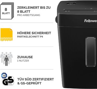 Fellowes FS-8C: Шредер для паперу 8 листів, чорний, Cross Cut, 15л, знищення кредитних карт