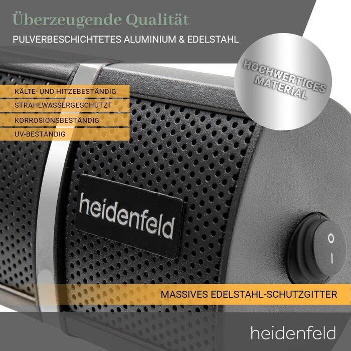 Інфрачервоний обігрівач Heidenfeld IH110, 3000 Вт, з пультом, 3 режими, для тераси, настінний та стельовий монтаж, чорний, 3 роки гарантії