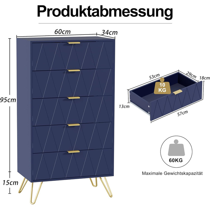 Набір з 2 комодів UEV 120x34x110 см, 10 шухляд, темно-синій, високий комод, тумба під ТВ, бічна шафа для вітальні, спальні, коридору