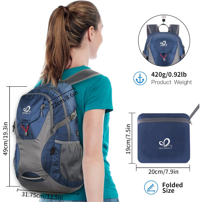Складаний рюкзак WATERFLY 30L для походів, водонепроникний, ультралегкий, з відділенням для вологих речей, для чоловіків і жінок, темно-синій, для туризму, подорожей та прогулянок