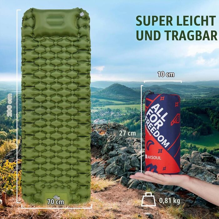 Самонадувний кемпінговий килимок AKSOUL Outdoor: ультралегкий термо-матрац для намету та трекінгу з подушкою, 10 см, армійний зелений
