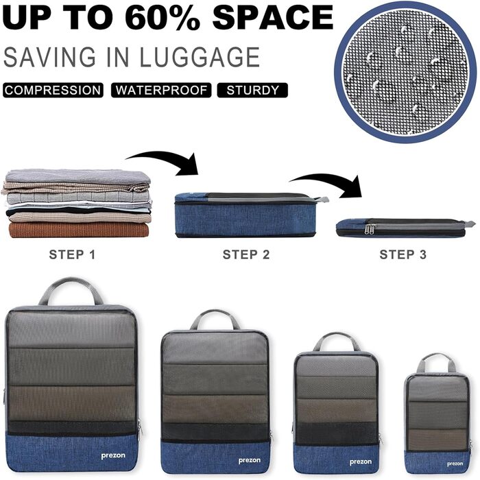 Набір компресійних органайзерів для подорожей Packing Cubes для валізи та рюкзака, 4 шт, темно-синій