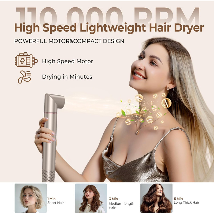 UKLISS Airstyler Pro 7 в 1: Фен-щітка з дифузором, 1400 Вт, 110 000 об/хв, професійний стайлер для сушіння, завивки та випрямлення волосся (Золотий)