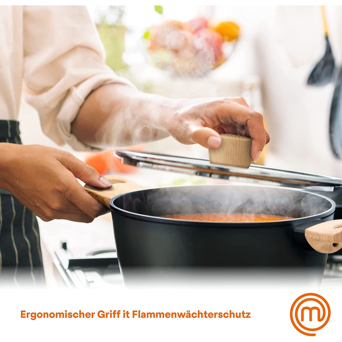 Каструля MasterChef з кришкою 20 см, алюмінієва, антипригарна, індукційна, з дерев'яною ручкою, універсальна для всіх плит, набір каструль і сковорідок, натуральна колекція