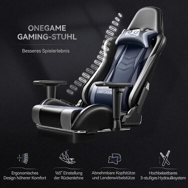 Ігрове крісло OneGame, велике ергономічне комп'ютерне крісло з PU-шкіри, регульовані підлокітники, для геймінгу та офісу, до 150 кг, чорне-синє