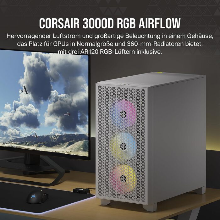 Корпус для ПК CORSAIR 3000D RGB Airflow, середній, білий, з 3 AR120 RGB вентиляторами, підтримка 3-слотової GPU, до 8 вентиляторів 120 мм, високий повітряний потік