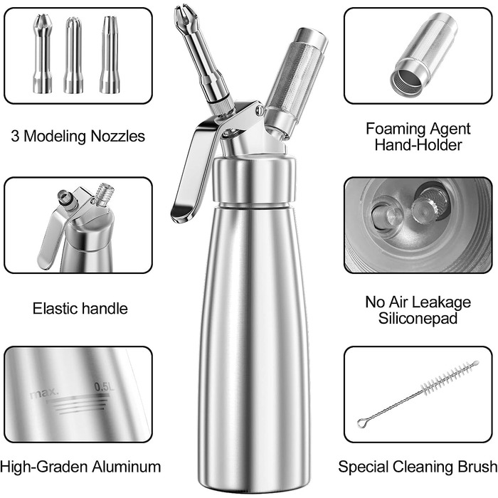 Сифон для вершків Fousenuk 500 мл, алюмінієвий, 3 насадки з нержавіючої сталі, щітка для чищення, для збивання вершків, крему, мусу та десертів
