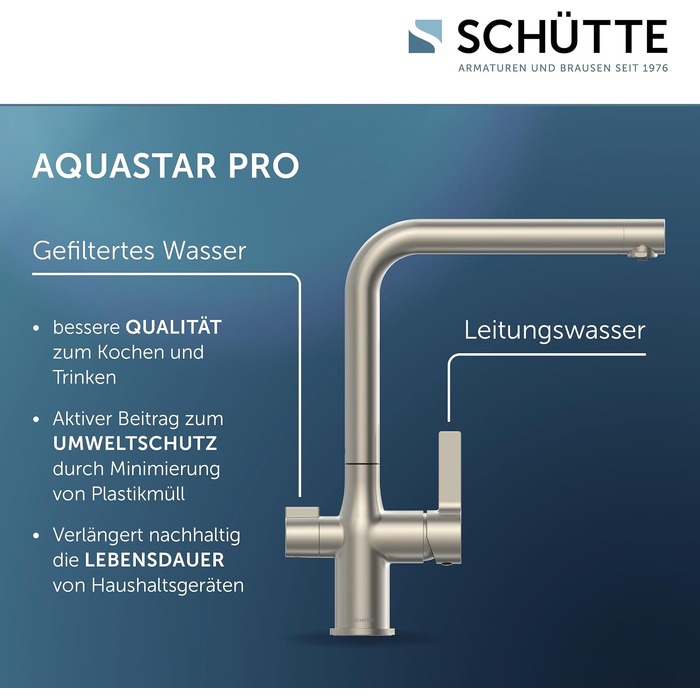 Кухонний змішувач SCHÜTTE 99805 AQUASTAR PRO з системою фільтрації води, 3-ходовий кран для питної води проти вапна та важких металів, нержавіюча сталь
