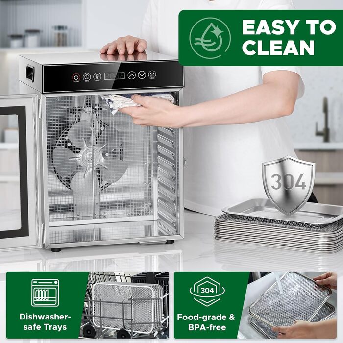 Сушарка для продуктів Kwasyo Edelstahl 750W, 12 ярусів, професійна, з таймером, регулюванням температури та захистом від перегріву + книга рецептів