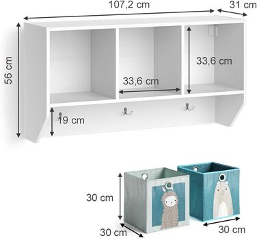 Дитяча настінна полиця Vicco Luigi, біла, 107x56 см, з 2 складаними коробками: заєць і крокодил