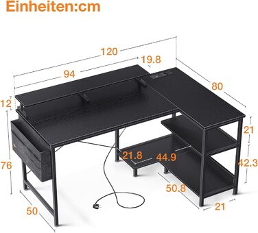 ODK письмовий стіл у формі L чорний, геймерський кутовий стіл з USB зарядкою та розеткою, з полицею для монітора, для офісу та домашнього кабінету, 120x80x88 см