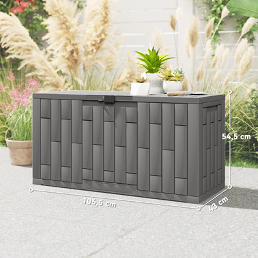 Водонепроникний садовий ящик Gartenbox 227 л з замком, стійкий до УФ-випромінювання, з деревним декором, 106,5x43x54,5 см, сірий