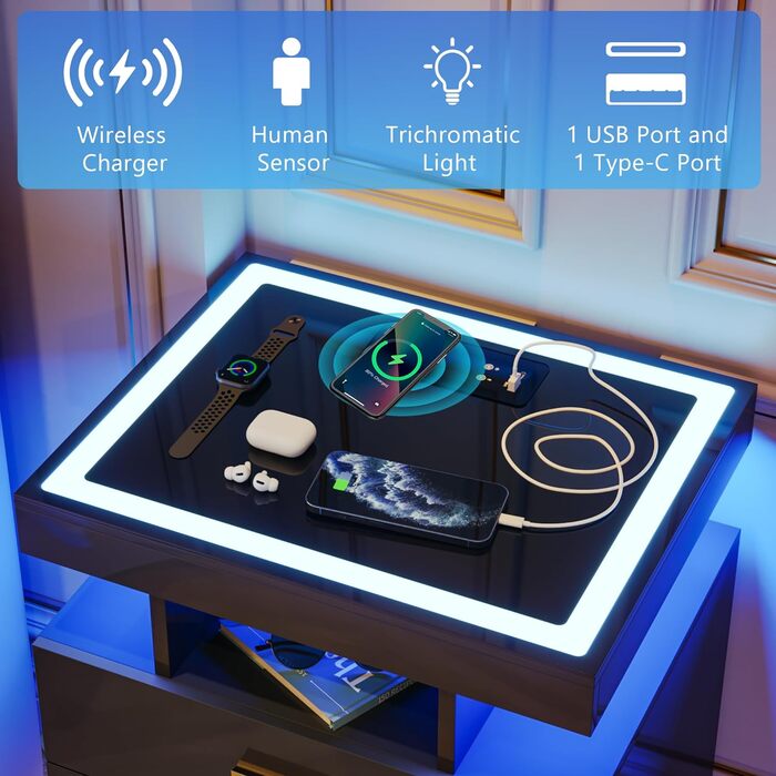 Lvifur LED тумба з підсвіткою, зарядкою та сенсором, 3 ящики, USB Type-C, біла, глянцева, для спальні