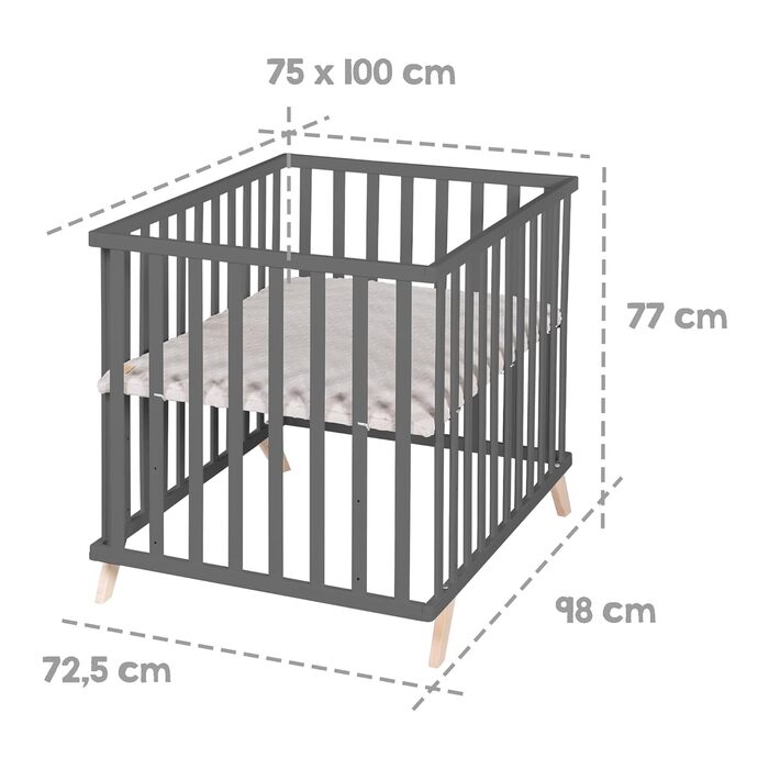 Дитячий манеж roba 75x100 см з вкладкою Lil Planet, сірий, сертифікати GOTS і Oeko-Tex 100, 3-рівневе регулювання висоти, дерев'яний антрацитовий