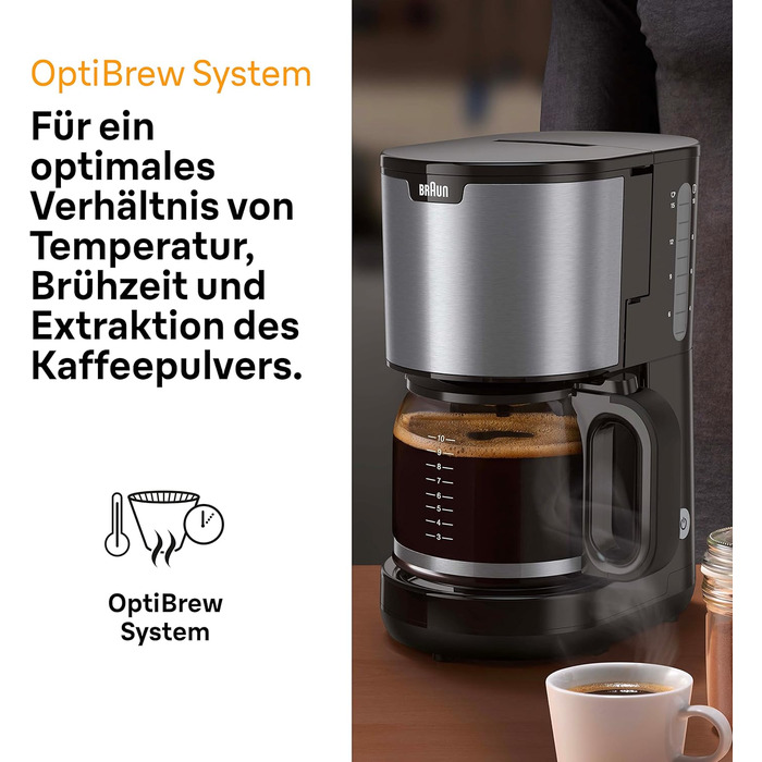 Кавоварка Braun PurShine KF 1500 BK, фільтраційна, скляний глечик 10 чашок, OptiBrew, авто-вимкнення, 1000 Вт, чорна