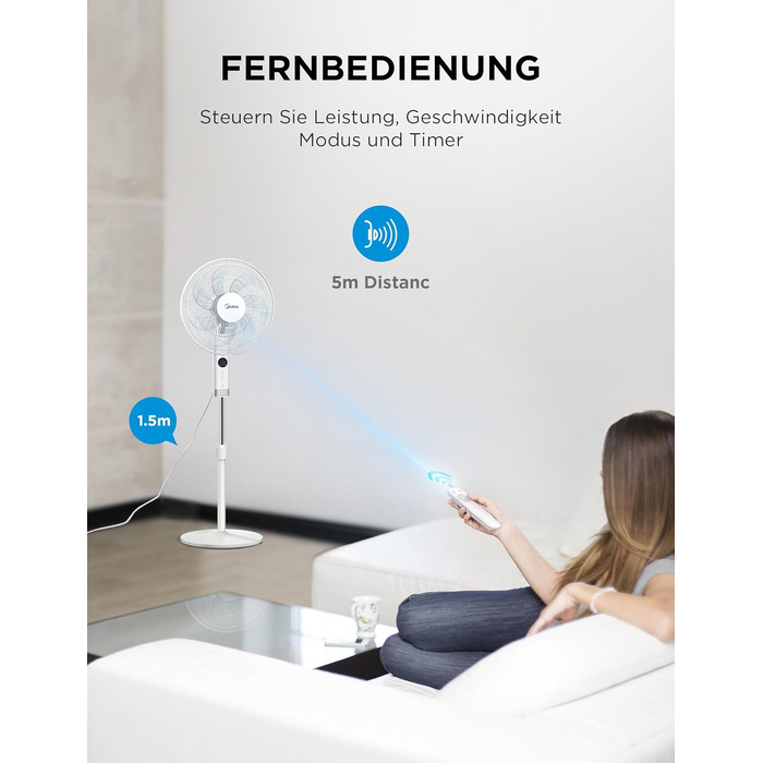 Вентилятор підлоговий Midea FS40-23MR з пультом, 3 швидкості, телескопічна висота, 90° поворот, 7 лопатей, LED-дисплей, білий