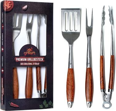 Преміум набір гриль-інструментів grillart, 3 предмети з нержавіючої сталі та дерев'яними ручками – щипці, лопатка, вилка з подовженими ручками, ідеальний аксесуар для гриля