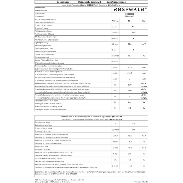 Похила витяжка Respekta CH89060S Generation 2, 60 см, біла, скляний екран з нержавіючою сталю, режим відводу та рециркуляції, клас A++