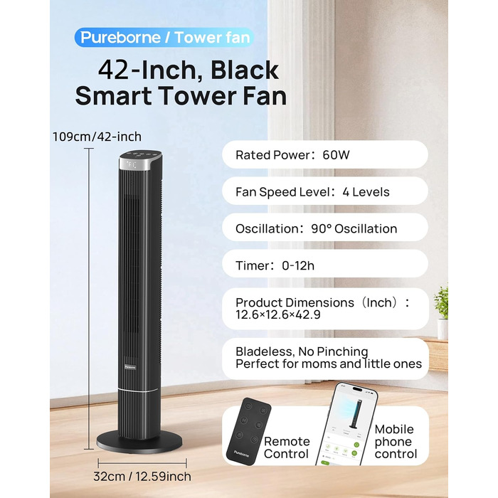 Вентилятор вежовий Leiser Smart 25дБ з осциляцією 90°, 4 режими, таймер 12 год, 109 см, чорний