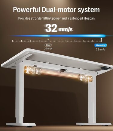 Електричний регульований стіл MAIDeSITe S2 Pro 140x70 см, білий каркас + стільниця - стоячий стіл з електроприводом, вантажопідйомність 160 кг, захист від зіткнень