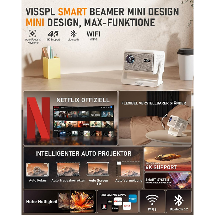 Міні проєктор Smart Beamer A-27000L: Full HD 1080P, WiFi6, Bluetooth, Netflix, 4K, Автофокус, для дому та на вулицю