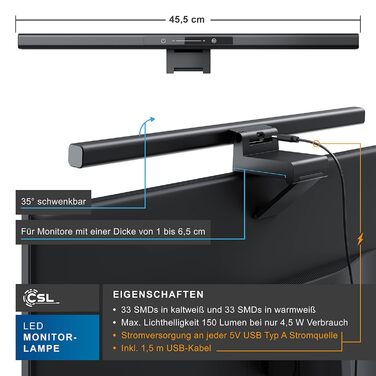 LED-лампа для монітора CSL Screenbar USB з пультом, регулювання яскравості, 3 колірні температури, захист очей, поворотна