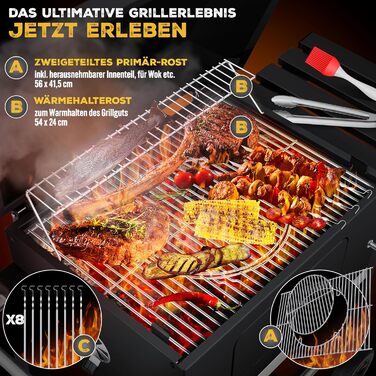 Гриль KESSER® Grillwagen BBQ Smoker XL з коліщатками, термометром та аксесуарами. Чорний котел для барбекю з нержавіючої сталі, решітка та 8 шампурів
