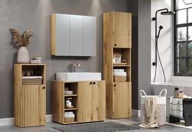 Тумба під раковину на колесахх trendteam PureBliss, 80x64x42 см, дуб Evoke, з 2 відкритими полицями та металевими ручками