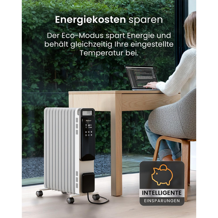 Розумний електричний масляний радіатор Pro Breeze 2500W, 11 секцій, керування через WLAN/App, з термостатом, таймером на 24г та сенсорним дисплеєм, білий
