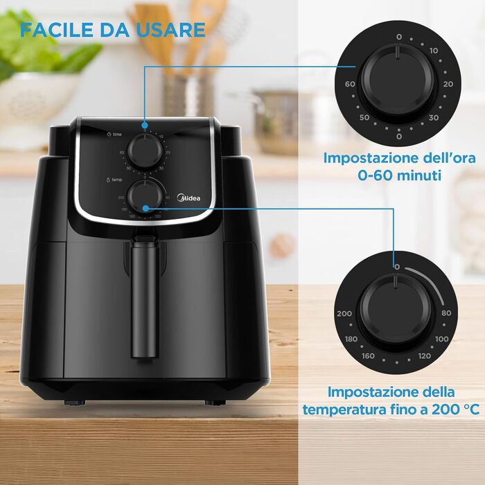 Аерофритюрниця Midea MF-TN35D2 3,5 л, без олії, 200°C, таймер 60 хв, мультифункціональна, чорна