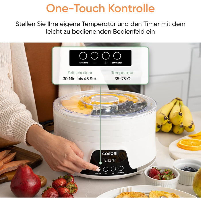 Дегідратор Cosori Food Dehydrator, сушарка для овочів та фруктів, 650 Вт, 5 лотків, таймер на 48 год, діапазон температур 35-75°C, білий