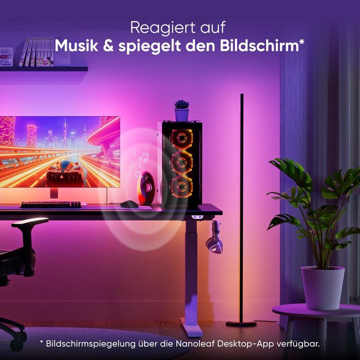 Наноліф Matter Розумна Підлогова Лампа RGB IC LED Диммер, Синхронізація з Музикою, Градієнтні Сцени, 1700lm, Управління через Додаток та Голосові Помічники (Alexa, Apple), Декор для Спальні та Геймінгу (Чорна)