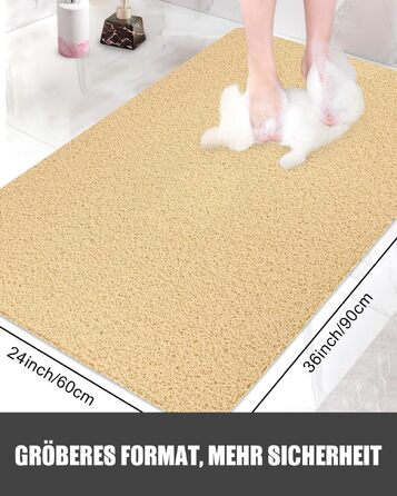 Протиковзкий килимок для душу та ванної 60x90 см, масажний PVC-килимок з дренажними отворами, швидкосохнучий, бежевий
