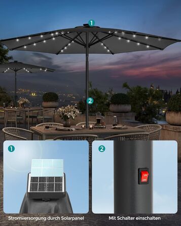 Сонячна парасоля SONGMICS 2,7 м з LED-підсвіткою, сонячна батарея, UPF 50+, подвійний нахил, обертання 30°, для тераси, басейну, балкона, без основи, сіра