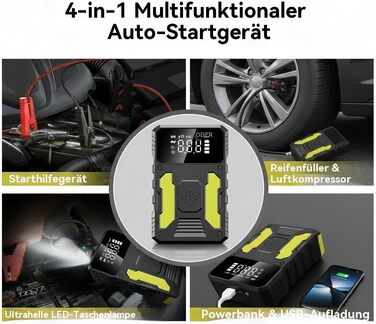 Пусковий пристрій (бустер) для авто 3000A з компресором 150 PSI, портативний Powerbank для PKW, SUV, дизель до 8L, з LED-ліхтарем та PD