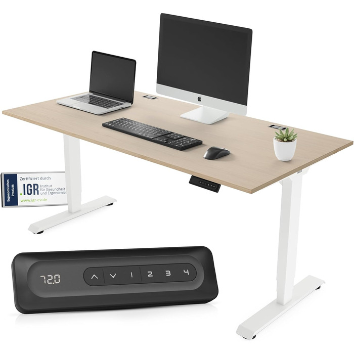 Стол Yaasa Desk Lite регульований по висоті 100x60 см чорного кольору – офісний стіл з автоматичним регулюванням, функцією пам'яті та отвором для кабелів. Електричний стіл, ідеальний для дому (світлий дуб/білий, 120 x 80 см)