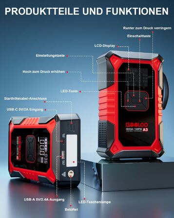Пусковий пристрій GOOLOO A3 Jump Starter 3000A з компресором 150 PSI та функцією Powerbank