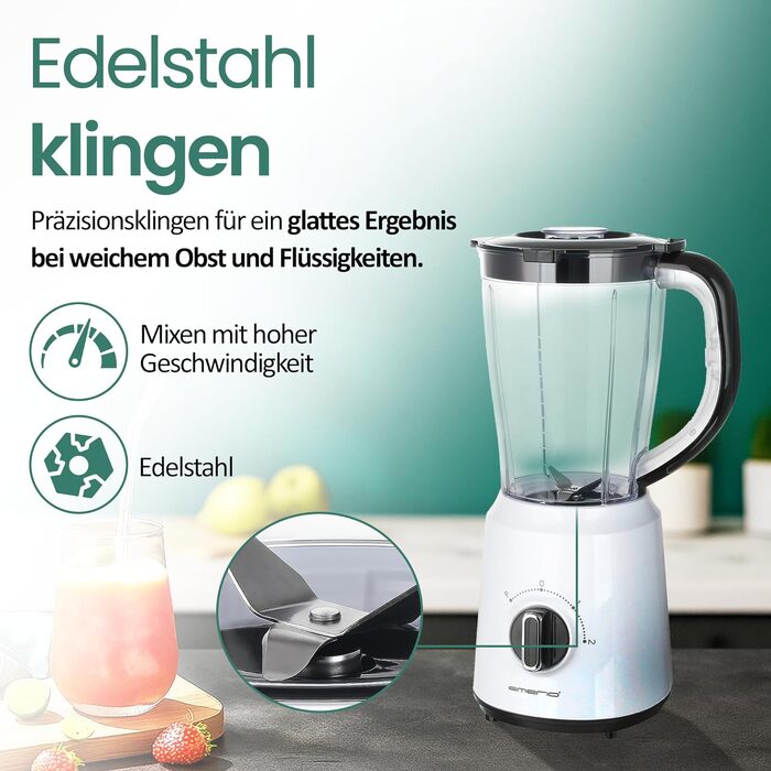 Блендер стаціонарний Emerio BL-124816.8 (білий) 500 Вт, 1.5 л, подрібнювач льоду, 2 швидкості + імпульсний режим, нержавіюча сталь, захист від випадкового ввімкнення, можна мити в посудомийній машині